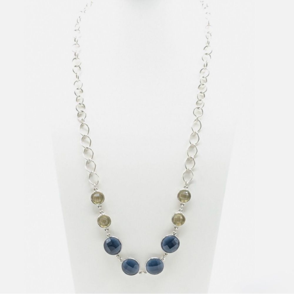 Chico's Bezel 26" Silver Tone Blue and Yellow Rhinestone Necklace